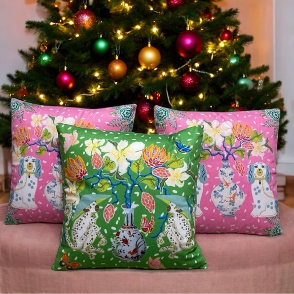 Grandmillennial Pillow Covers - Pink Staffordshire Dogs or Green Monkeys - Picture 3 of 12